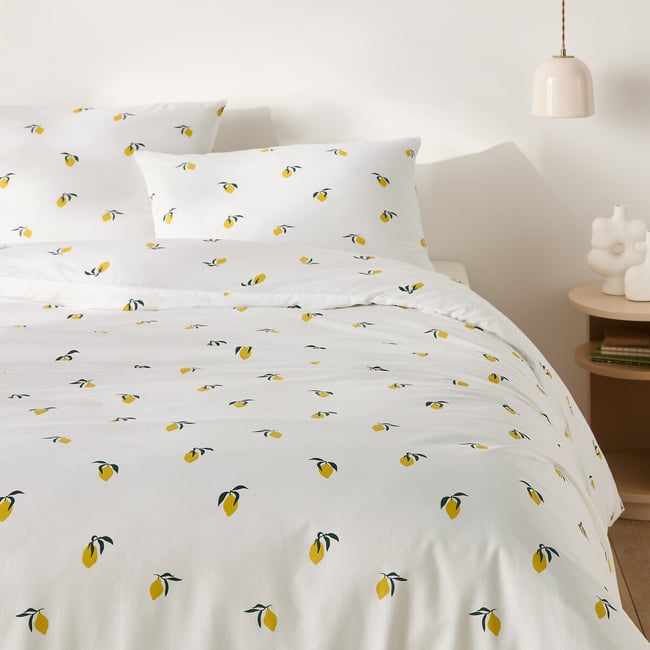 Parure 50% coton recyclé, taie rect, Citron imprimé <span itemprop=