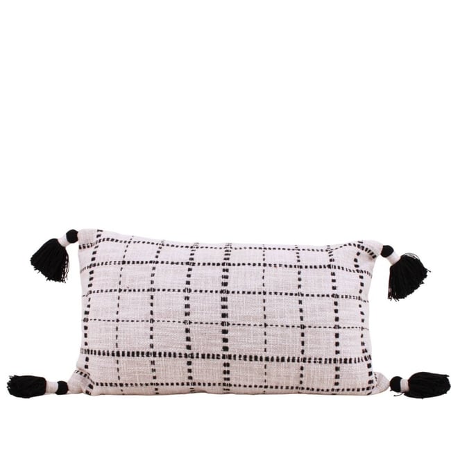 Coussin en coton tissé finition pompons 30x50cm beige <span itemprop=