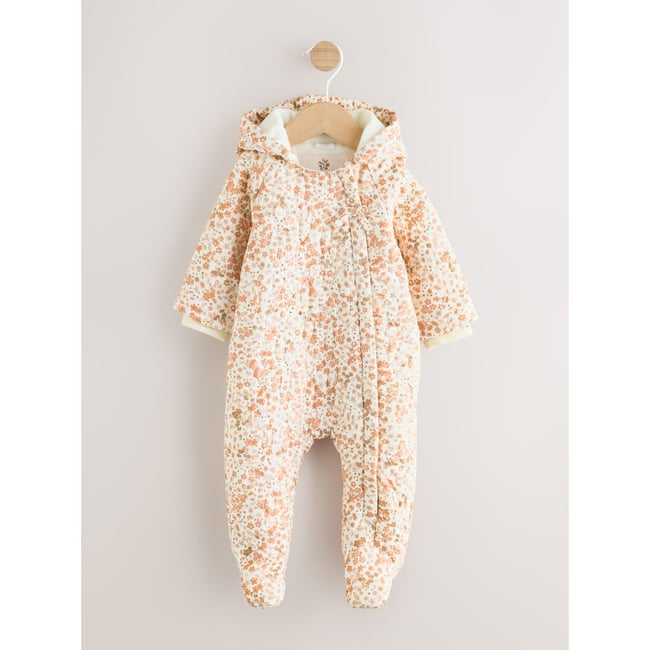 Combinaison bébé à capuche effet froissé imprimé floral écru <span itemprop=