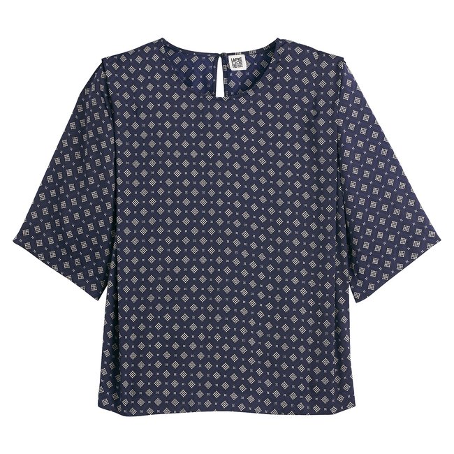Blouse met ronde hals in satijn, grafisch motief <span itemprop=
