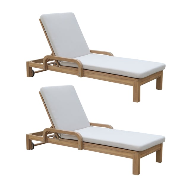 Lot de 2 chaises longues en bois d'acacia et matelas écru, SAONA bois d'acacia <span itemprop=