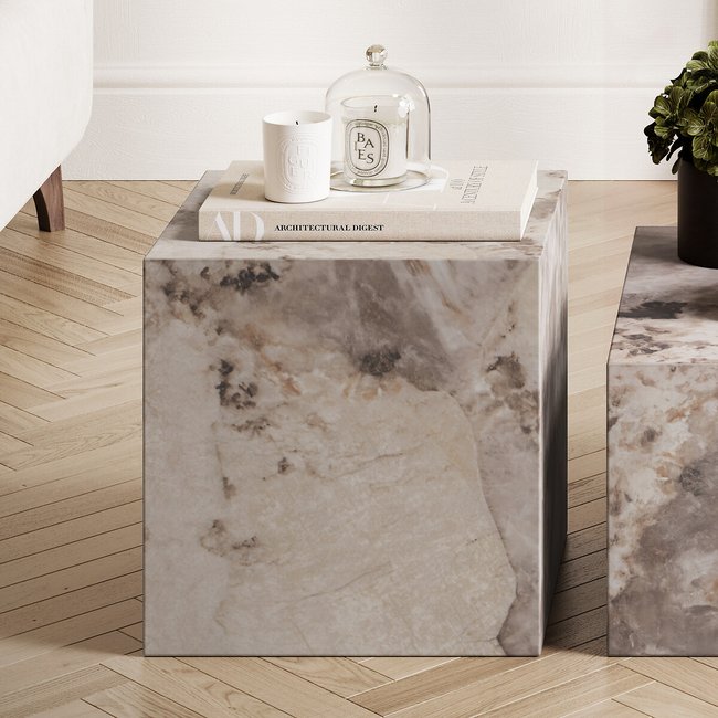 Serafina Pandora Faux Marble Block Side Table, marbled beige, ÉDITÉ