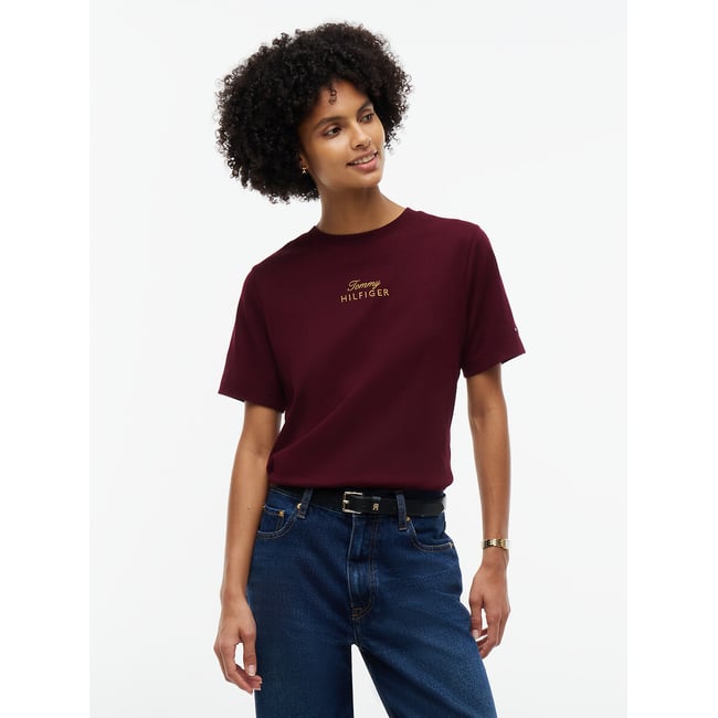 Camiseta de cuello redondo y manga corta con logotipo bordado borgoña <span itemprop=