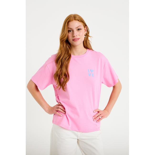 T-shirt droit col rond manches courtes rose corail <span itemprop=