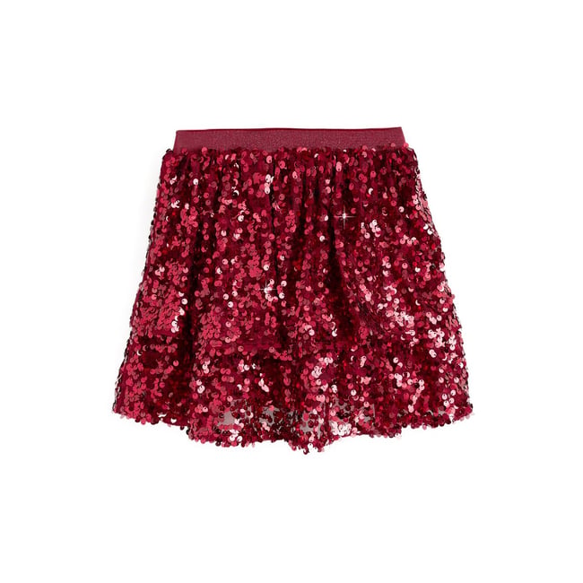 Jupe à sequins et froufrous effet superposé rouge <span itemprop=
