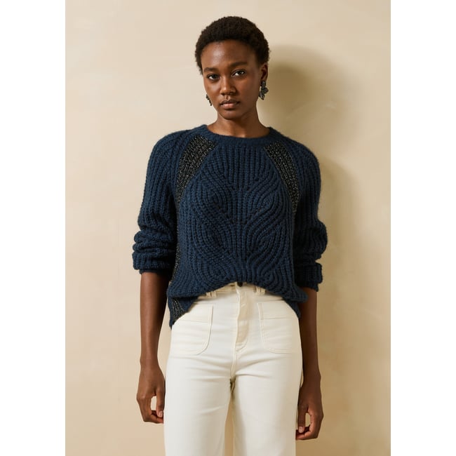 Pull manches longues col rond détail irisé marine <span itemprop=