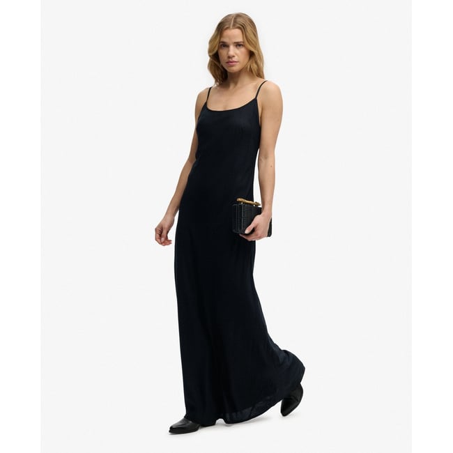 Robe Longue Fluide Coupée en Biais noir <span itemprop=