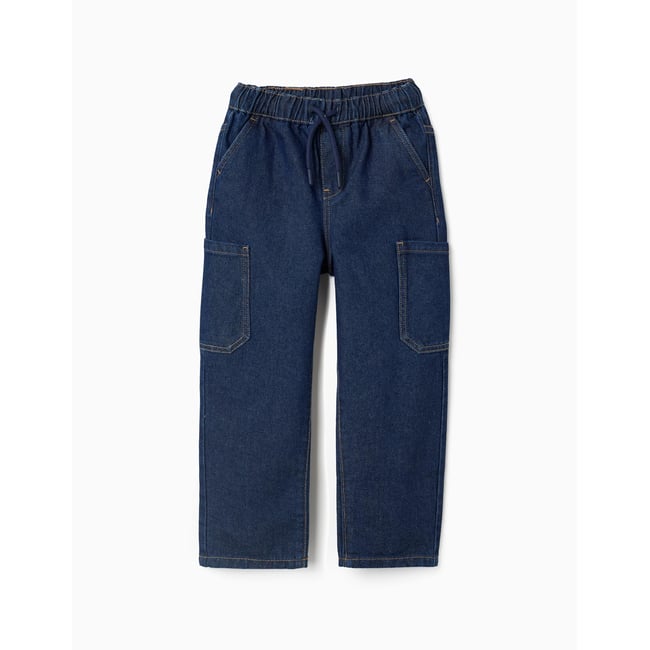 Jean baggy cargo avec cordon de serrage bleu foncé <span itemprop=