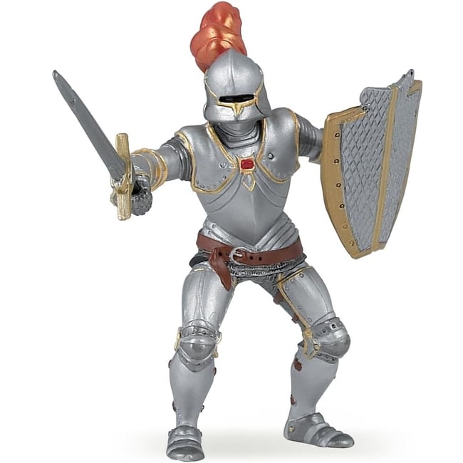 Figurine Chevalier en armure au plumet rouge gris <span itemprop=