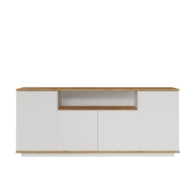 Buffet 4 portes, 1 niche ouverte décor bois pin et blanc L180 cm Couleur bois clair <span itemprop=