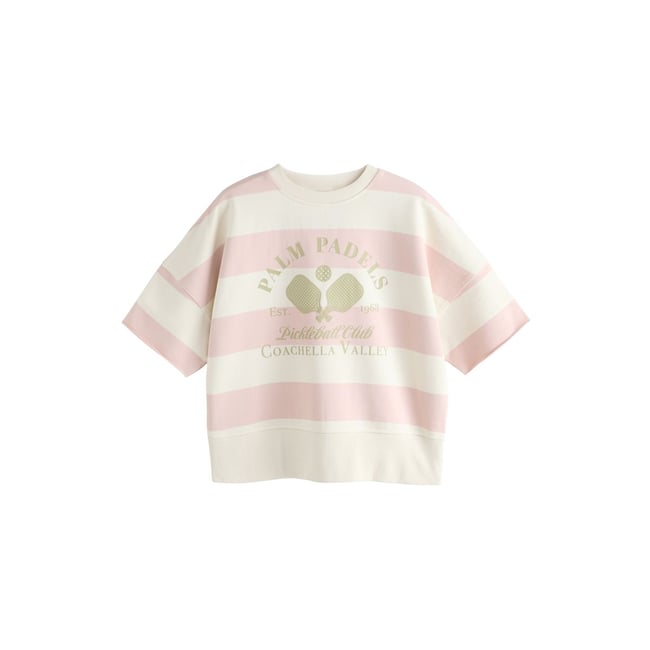 Sweat rayé à manches courtes et motif padel rose/écru <span itemprop=