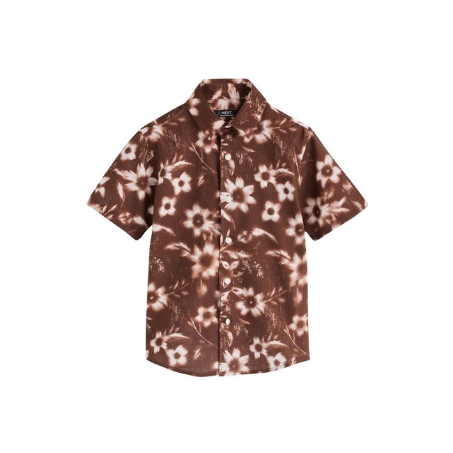 Chemise à manches courtes avec fleurs fleurs imprimées marron chocolat sur toute la surface <span itemprop=