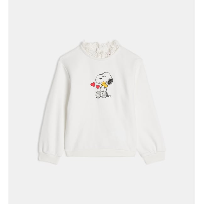 Sweat tesophine snoopy coton bio écru et rouge <span itemprop=