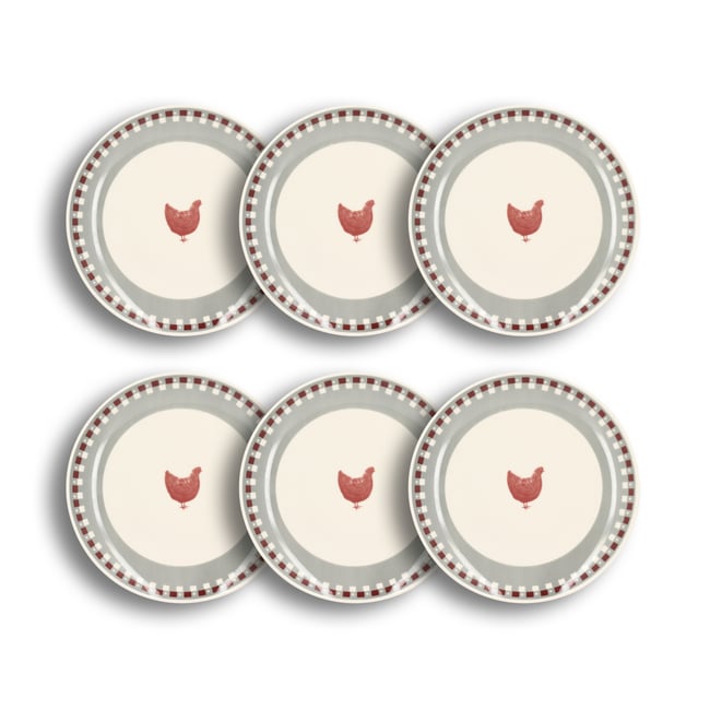 Lot de 6 assiettes plates en grès 26cm, GALLINA Couleur blanc-gris-rouge <span itemprop=