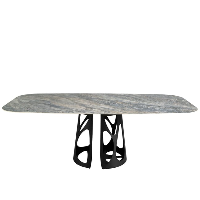 Table à manger baril ovale marbre porcelaine et acier noir Couleur bleu | noir <span itemprop=