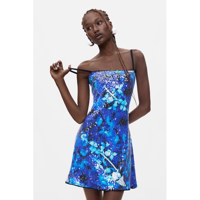 Robe à bretelles imprimée bleu <span itemprop=