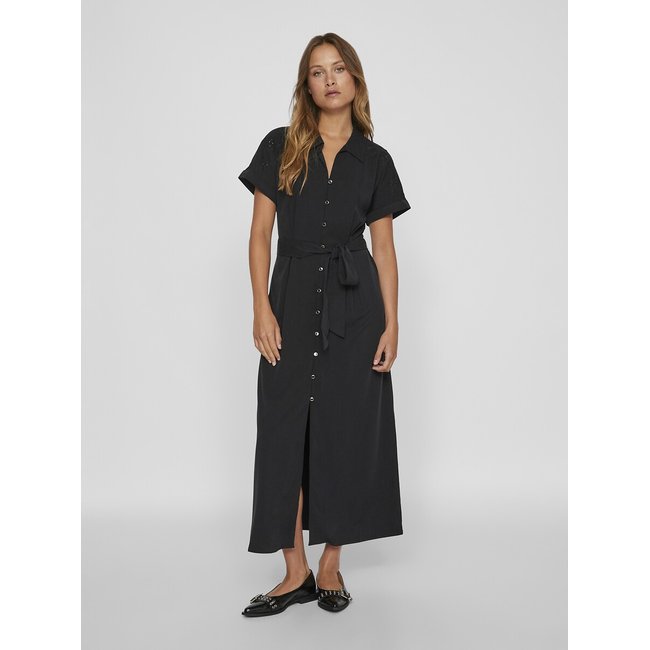 Vestido comprido estilo camisa, para atar preto <span itemprop=