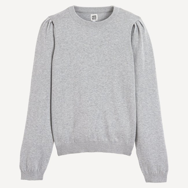 Pull col rond en fine maille gris chiné <span itemprop=