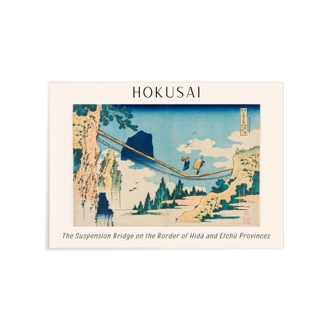 Affiche Hokusai 'The Suspension Bridge on the Border of Hida and Etchū Provinces' Couleur blanc <span itemprop=