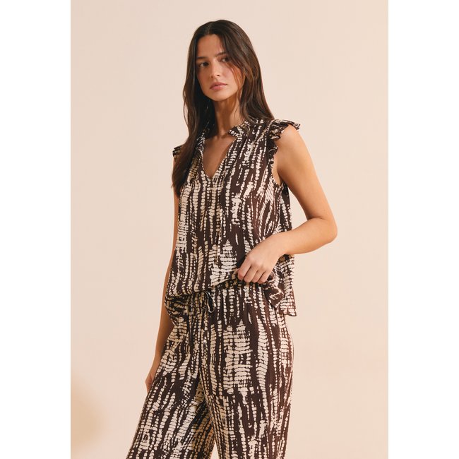 Top à manches volantées à motifs ROMELIE IMP imp fd marron <span itemprop=