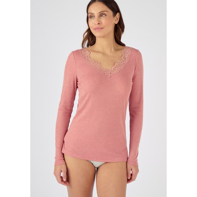 T-shirt manches longues Essential, 20% laine vieux rose <span itemprop=