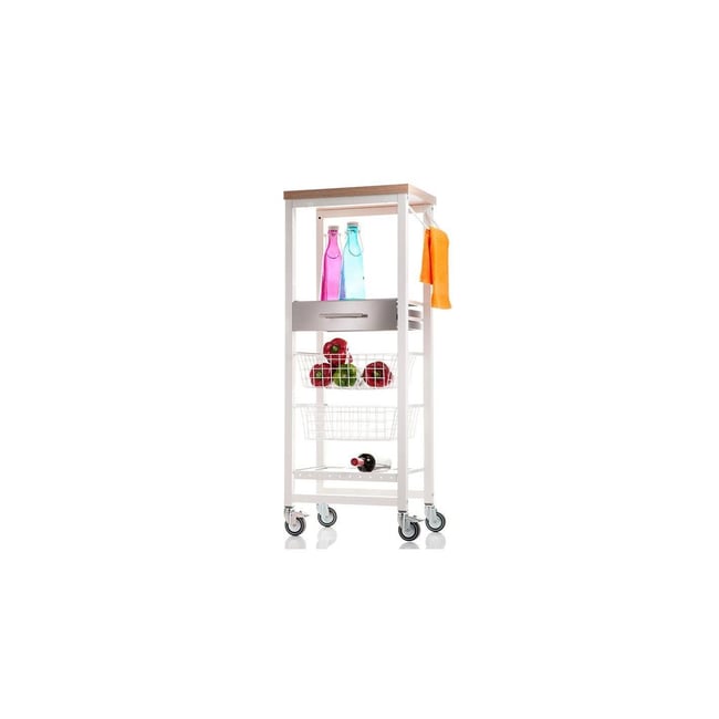 Desserte de cuisine haute ONDA ALTO à roulettes avec 2 paniers, tiroir et porte-bouteilles Couleur blanc <span itemprop=