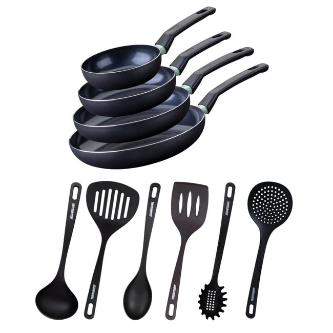 Ensemble de 4 poêles de 16 20 24 et 6 ustensiles BRANDAO noir|vert <span itemprop=