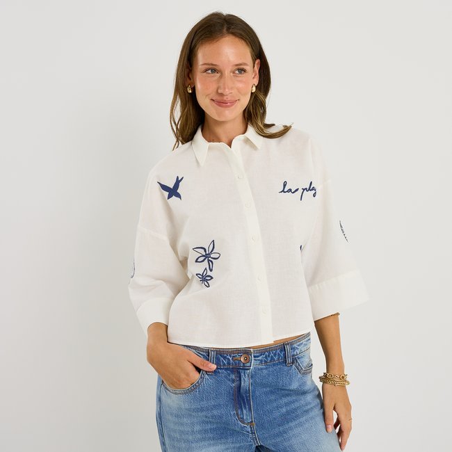 Chemise oversize brodée blanc cassé ecru <span itemprop=