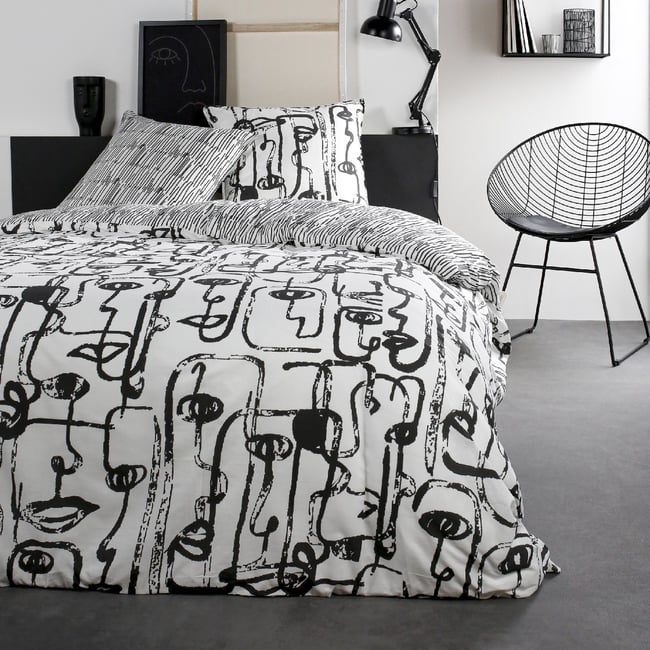 Parure de lit coton 2 personnes imprimé graphique SUNSHINE blanc <span itemprop=