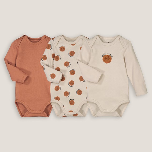 Lot de 3 bodies manches longues, thème cookies marron + beige LA REDOUTE COLLECTIONS
