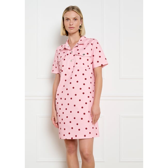 Robe droite en twill à pois rose clair <span itemprop=