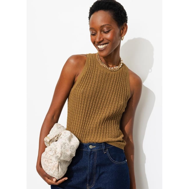 Pull-débardeur maille ajourée marron <span itemprop=