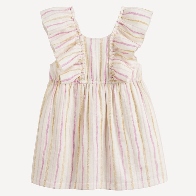 Vestido às riscas com folhos estampado <span itemprop=