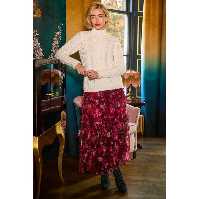 Jupe Longue en Tulle à Volants Étagés Imprimé Fleuri multicolore <span itemprop=