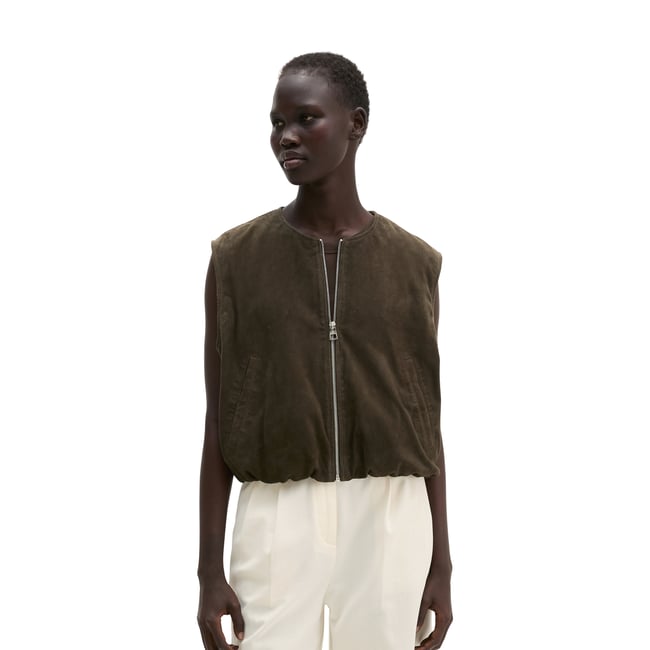 Gilet en cuir regular en cuir de chèvre velours marron foncé <span itemprop=