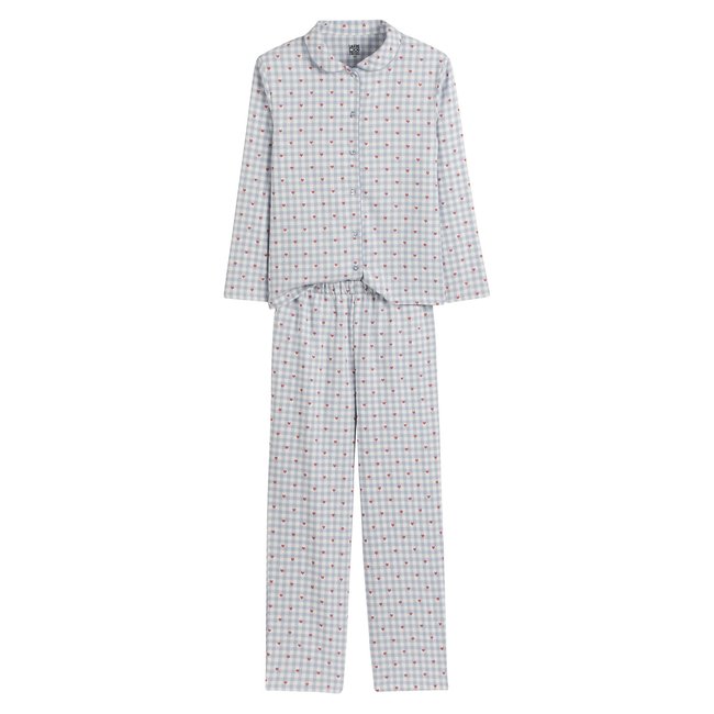 Pyjama forme grand-père imprimé carreaux et coeurs bleu <span itemprop=