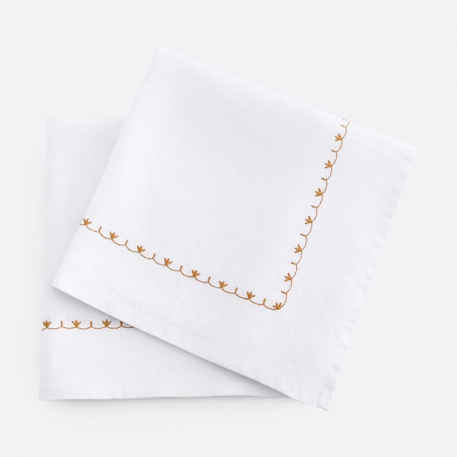 Lot de 2 serviettes de table en lin brodé, Mynia blanc <span itemprop=