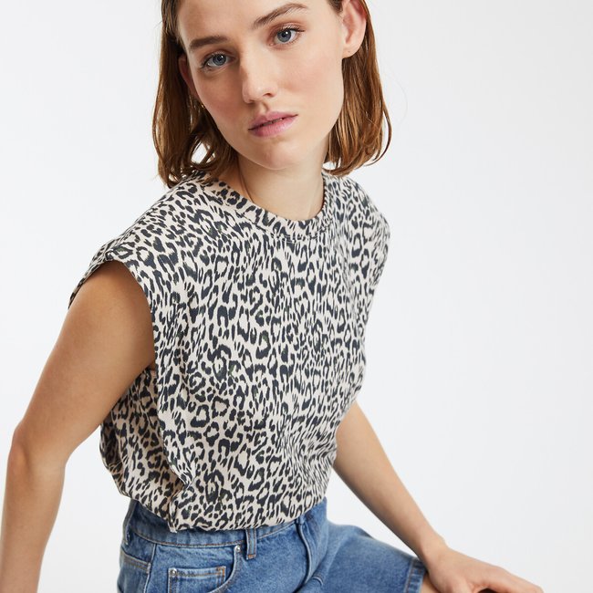 Camiseta sin mangas y cuello redondo, estampado de leopardo estampado de leopardo <span itemprop=