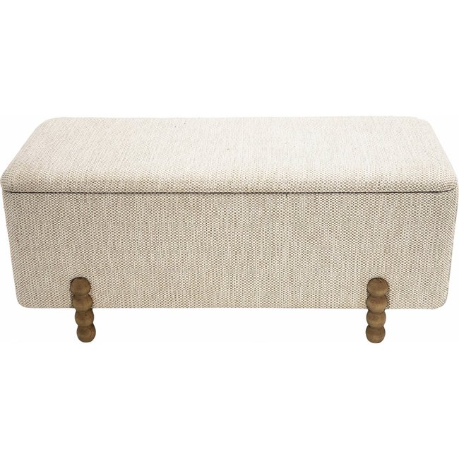 Banc coffre en bois naturel avec pieds tournés et assise tissu Couleur beige naturel et bois clair <span itemprop=