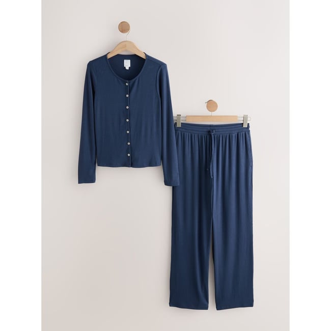 Pyjama côtelé à manches longues bleu marine <span itemprop=