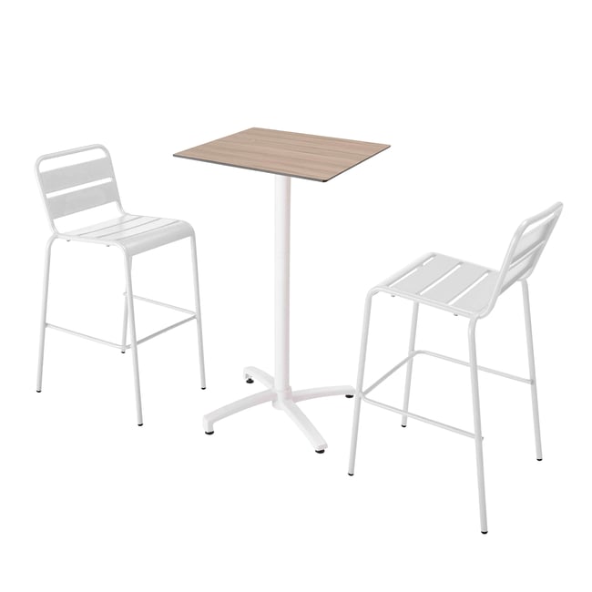 Ensemble table inclinable en hpl avec chaises hautes en métal, OPERA blanc <span itemprop=