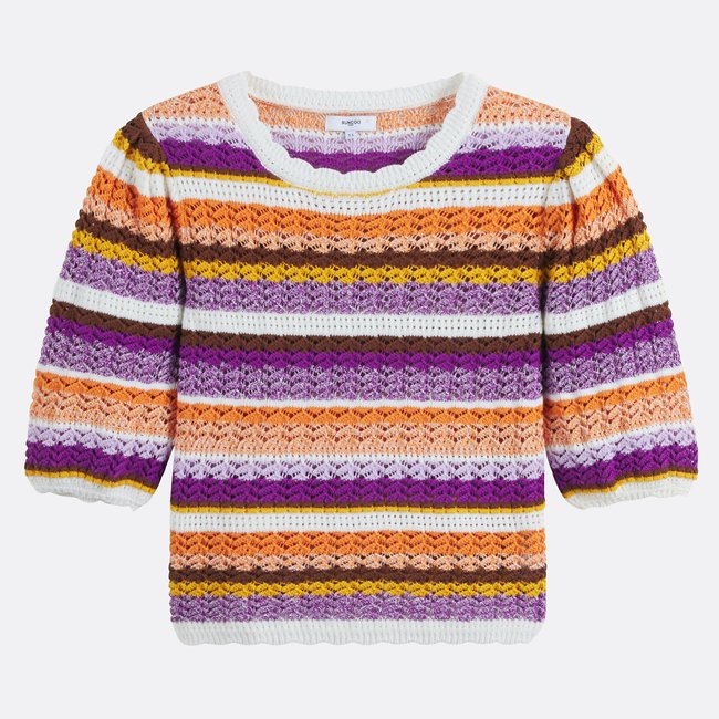 Jersey de ganchillo de rayas, mangas  3/4, PANACA violeta <span itemprop=
