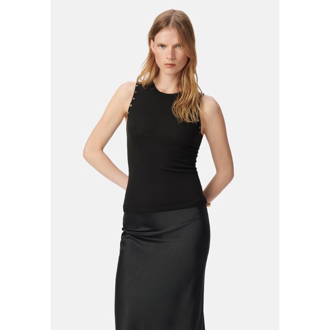 Pull sans manches tricot décor strass noir <span itemprop=