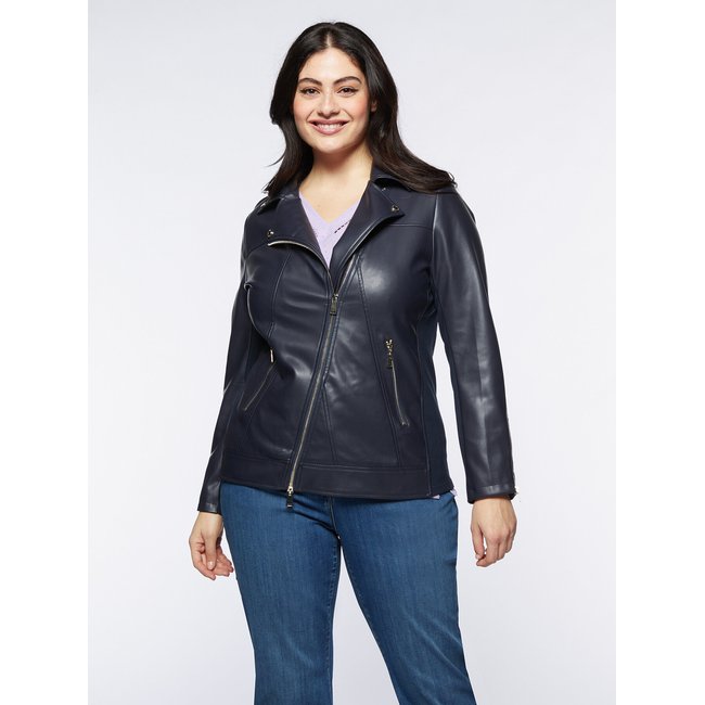 Blouson motard fermé par une fermeture éclair oblique bleu <span itemprop=