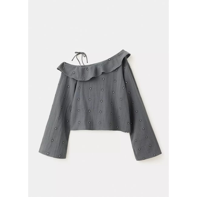Blouse imprimée à col asymétrique gris <span itemprop=