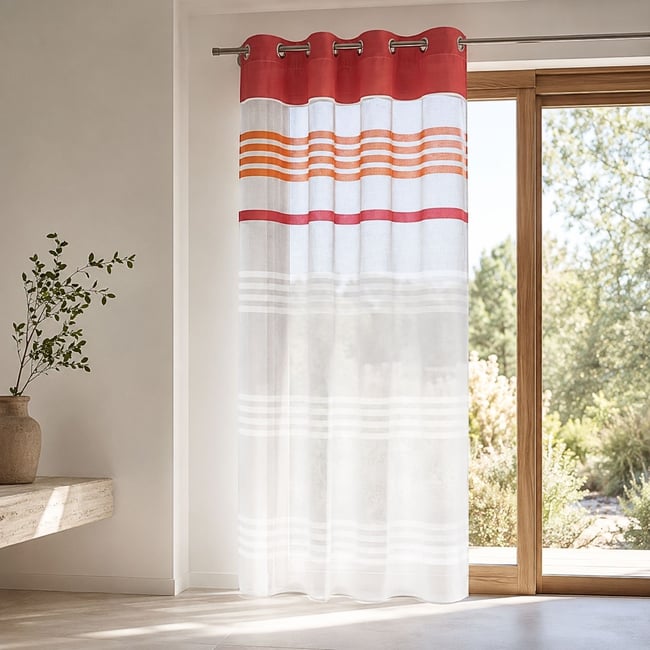 Voilage en étamine légère avec rayures horizontales orange corail <span itemprop=