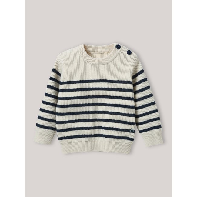 Pull marin en coton biologique rayure marine/ecru <span itemprop=