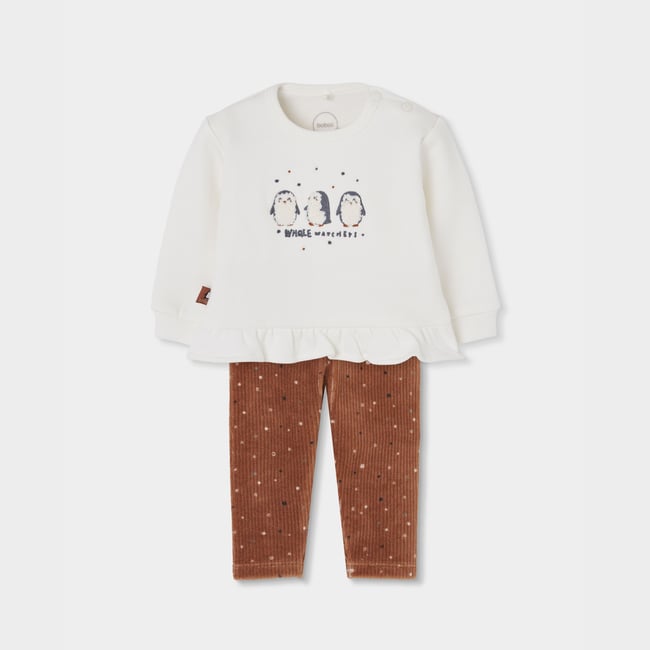 Ensemble bébé fille en maille imprimé pingouins blanc <span itemprop=
