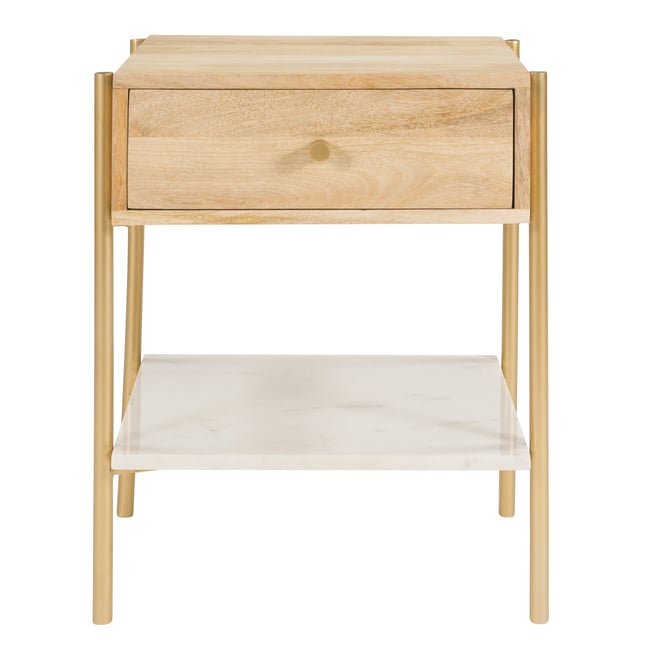 Table de chevet 1 tiroir en bois de manguier et marbre - DOORI Couleur bois clair <span itemprop=