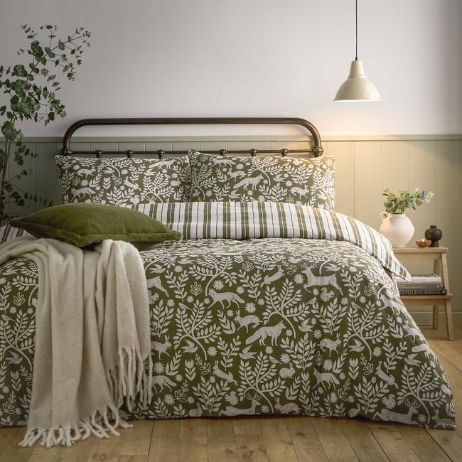 Skandi Woodland Brushed Cotton Duvet Cover and Pillowcase Set, thyme, FURN.